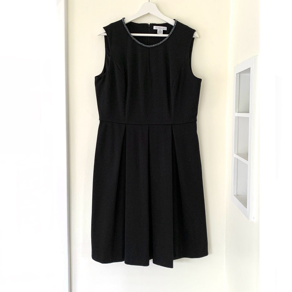 Liz Claiborne little black dress sleeveless sheath beaded neckline pleated skirt